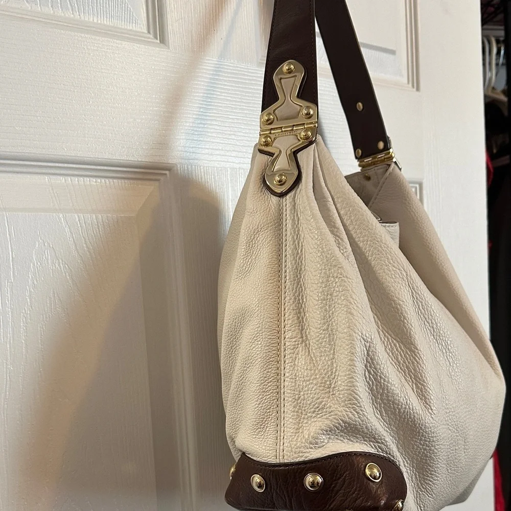MICHAEL Michael Kors Bedford Cream and Brown Hobo Bag Gold Hardware Soft Leather